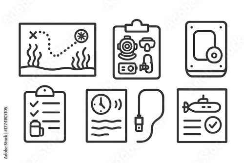 Deep-Sea Expedition Icons. Line style icons of Deep-Sea Expedition Logistics: supply checklist, route planning chart, equipment