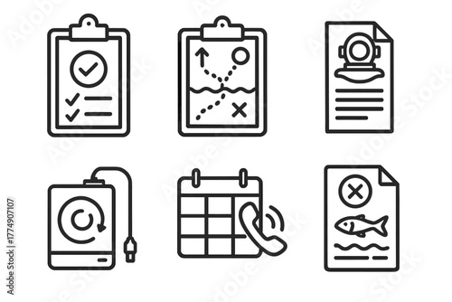 Deep-Sea Expedition Icons. Line style icons of Deep-Sea Expedition Logistics: supply checklist, route planning chart, equipment