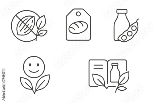 Vegan Diet Icons. Line style icons of vegan diet: food allergies and vegan options, nut-free plant icon, gluten-free bread tag,