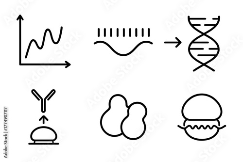 Genetic Engineering Icons. Line style icons of genetic engineering: gene expression graph, mRNA strand, transcription icon,