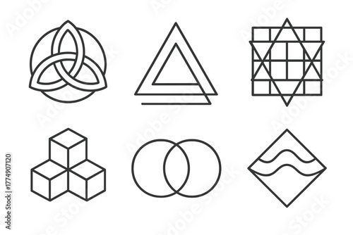 Geometric Line Icons. Line style icons of Intersecting Shapes and Patterns: triquetra circle, overlapping triangles, hexagram with