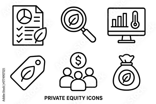 Private Equity Icons. Line style icons of private equity: ESG report icon, sustainability screening, climate risk dashboard,
