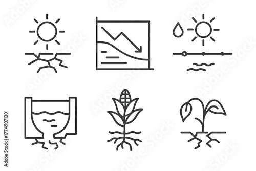 Meteorology Icon Set. Line style icons of meteorology: drought icon, cracked soil, water shortage graph, dry season timeline,