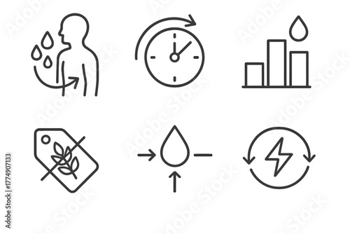 Ketogenic Diet Icons. Line style icons of ketogenic diet: fat adaptation process, transition timeline icon, energy from fat chart,