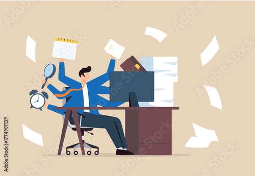 Workaholic businessman overworked on his office desk with paper works