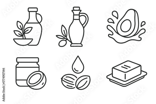 Line Style Vegan Icons. Line style icons of vegan diet: plant-based oils and fats, olive oil bottle, avocado oil splash, coconut