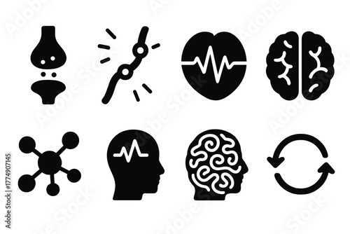 Neural Icons Collection. Solid style icons of neural activity and brain mapping: Firing Synapse, Glowing Neural Pathways,