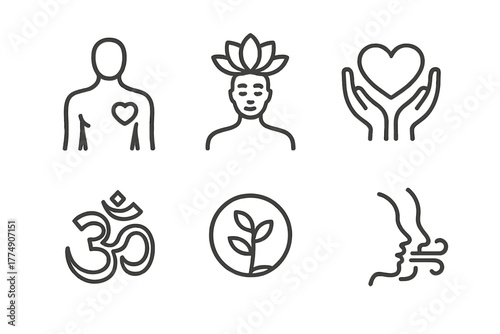 Holistic Health Icons. Line style icons of holistic balance in homeopathy: physical health, mental wellness, emotional peace,