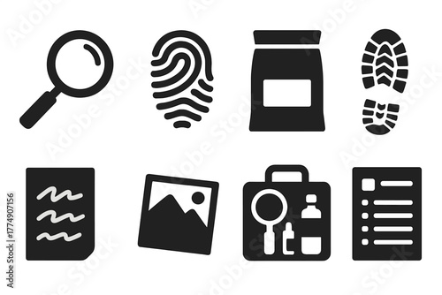 Early Forensic Icons. Solid style icons of early forensic process: Magnifying Glass, Latent Print, Evidence Bag, Shoe Print,
