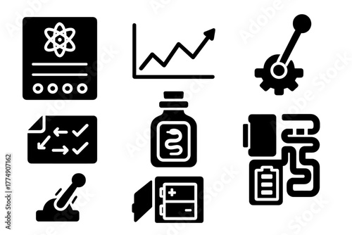 Quirky Pseudoscience Icons. Solid style icons of pseudoscientific features: Scientific Looking Panel, Misleading Graph, Complex
