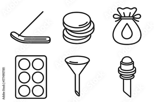 Aromatherapy Icons. Line style icons of aromatherapy accessories: wooden holder, cotton pads, oil pouch, label stickers, glass