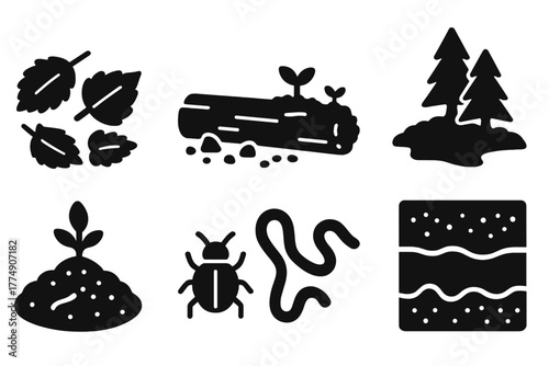 Forest Ecosystem Icons. Solid style icons of forest ecosystem interaction: Leaf Litter, Decomposing Log, Moss Patch, Buried Seed,