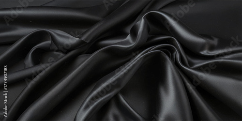 Black satin silk, elegant fabric for backgrounds, beautiful black textile cloth background. detail of wavy black silk fabric background.

