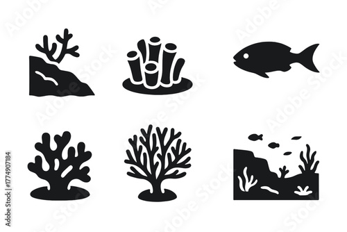 Coral Reef Icons. Solid style icons of coral reef setting: Reef Ledge, Anemone Cluster, Fish Silhouette, Seafloor Contour, Coral