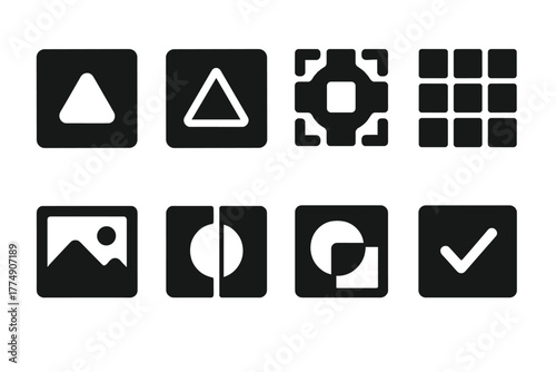 Visual Pattern Icons. Solid style icons of identifying visual patterns: Shape Detection Symbol, Edge Outline, Object Match Frame,