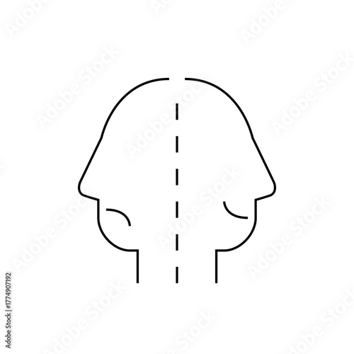 Abstract depiction of two faces in profile facing each other with a dashed line separating them clearly
