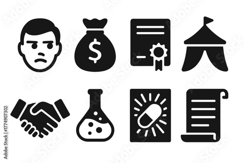 Questionable Medicine Icons. Solid style icons of questionable medicine culture: Doubtful Glance, Coin Bag, Fake Certificate,