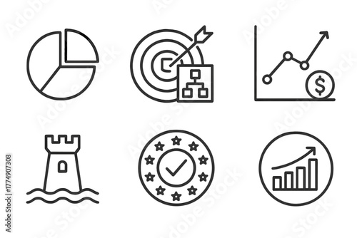 Private Equity Icons. Line style icons of private equity: sector overview icon, target business model, capital efficiency graph,