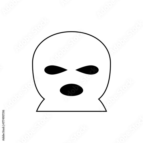 Illustration of a white balaclava mask with black eye and mouth holes on a white background design
