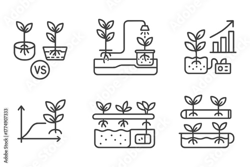 Hydroponics System Icons. Line style icons of hydroponics: hydro system comparison, DWC vs NFT icons, drip vs aeroponics diagram,