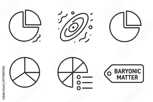 Dark Matter Icons. Line style icons of dark matter: matter-energy content pie, universe composition icon, 27% dark matter slice,