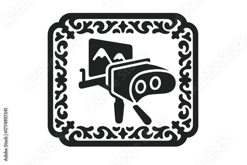 Vintage Stereoscope Icons. Solid style icons of Vintage Parlor Toy: Stereoscope, Card, Viewer, 3D Image, Entertainment, Lens,