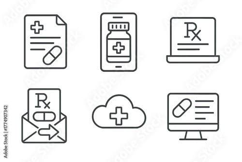 Telemedicine Line Icons. Line style icons of telemedicine: e-prescription system, digital medicine bottle, online RX form, send