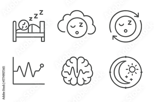 Sleep Therapy Icons. Line style icons of sleep therapy: sleep stages, light sleep icon, REM cycle symbol, deep sleep chart,