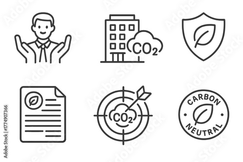 Carbon Capture Icons. Line style icons of carbon capture: corporate responsibility, business building with CO2 icon, ESG badge,