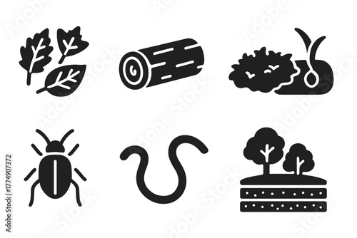 Forest Ecosystem Icons. Solid style icons of forest ecosystem interaction: Leaf Litter, Decomposing Log, Moss Patch, Buried Seed,