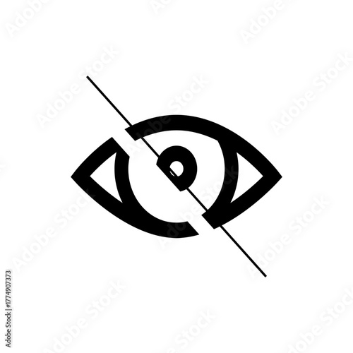 Eye symbol with a line bisecting it diagonally representing hidden or invisible on a white background design