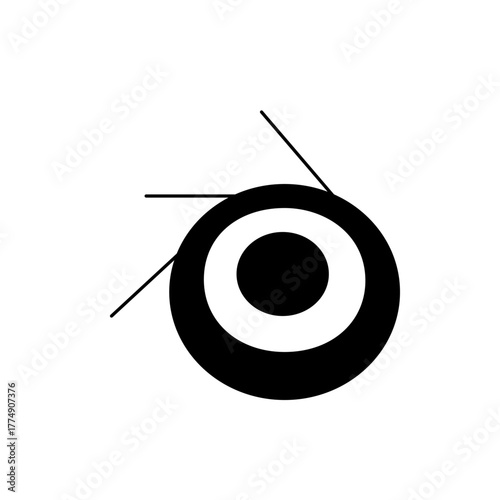 A black and white concentric circle design with two diagonal lines intersecting the outer circle edge point 99