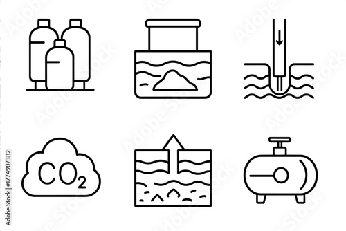 Carbon Capture Icons. Line style icons of carbon capture: carbon storage tanks, underground reservoir symbol, sealed injection