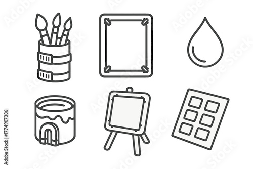 Zero-Gravity Art Tools. Line style icons of Artistic Expression in Zero-Gravity: velcro brush set, strap-down canvas, floating ink