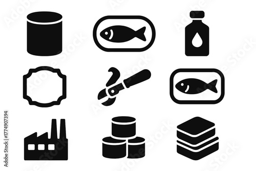 Vintage Food Packaging Icons. Solid style icons of Vintage Food Packaging: Tin, Fish, Oil, Label, Can Opener, Packed Fish, Factory