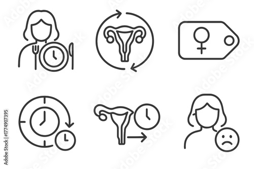 Intermittent Fasting Icons. Line style icons of intermittent fasting: fasting for women, hormonal cycle icon, female health tag,