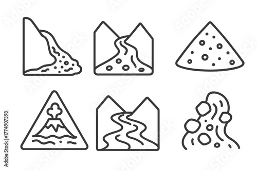 Volcanology Line Icons. Line style icons of volcanology: lahar flow, mudslide path, sediment deposit, lahar warning icon, volcanic