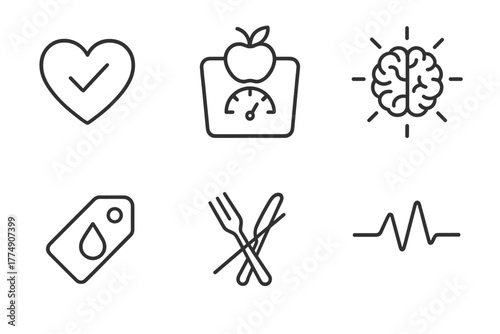 Keto Diet Icons. Line style icons of ketogenic diet: benefits of keto, fat loss scale icon, mental clarity brain, blood sugar