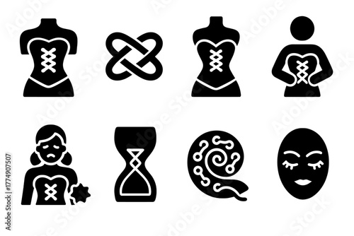 Wasp-Waist Icons. Solid style icons of wasp-waist symbolism: Restraint Motif, Control Knot, Feminine Ideal, Fashion Pressure,