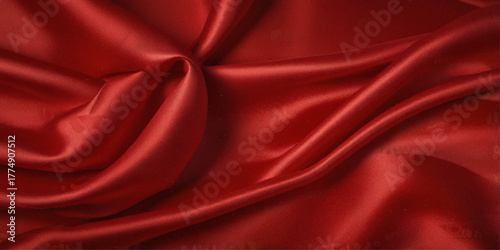 Close-up of a rich, deep red satin fabric. A close-up shot showcasing the luxurious drape and texture of a deep red satin fabric.	
