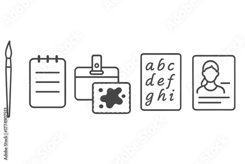 Calligraphy Student Essentials. Line style icons of Calligraphy Student Essentials: beginner brush, practice journal, name tag,