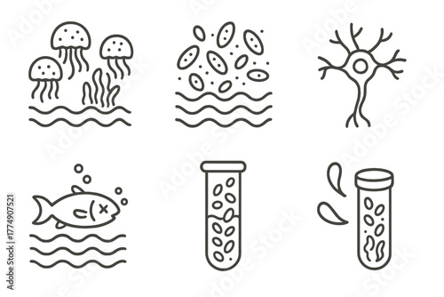 Marine Biology Icons. Line style icons of marine biology: marine toxins icon, red tide, harmful algae bloom, neurotoxin symbol,