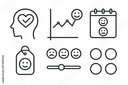 Mental Health Icons. Line style icons of mental health: mental health monitoring, health graph with mood icon, emotion calendar,
