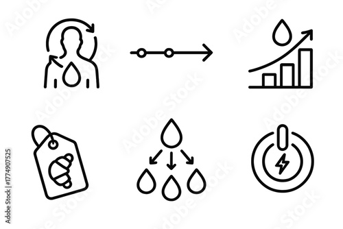 Ketogenic Diet Icons. Line style icons of ketogenic diet: fat adaptation process, transition timeline icon, energy from fat chart,