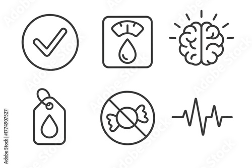 Keto Diet Icons. Line style icons of ketogenic diet: benefits of keto, fat loss scale icon, mental clarity brain, blood sugar