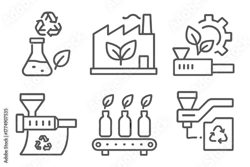 Bioplastics Line Icons. Line style icons of biodegradable plastics: bioplastic manufacturing, eco-factory symbol, green machinery,