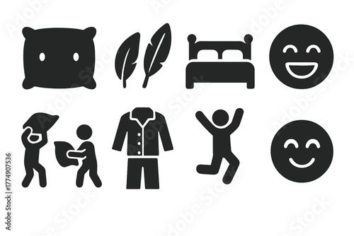 Playful Pillow Fight. Solid style icons of Bedroom Entertainment: Pillow, Feathers, Bed, Laughter, Soft Combat, Pajamas, Jump,