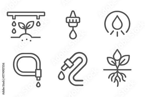 Hydroponics Line Icons. Line style icons of hydroponics: drip irrigation system, dripper icon, slow water feed symbol, tubing and