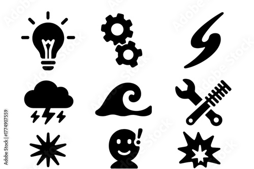 Inventive Symbol Icons. Solid style icons of invention symbolism: Lightbulb Spark, Gears Turning, Whimsical Curve, Brainstorm