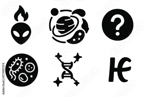 Speculative Life Icons. Solid style icons of theoretical and speculative visuals: Alien Life Spark, Multiplanet Spread, Panspermia